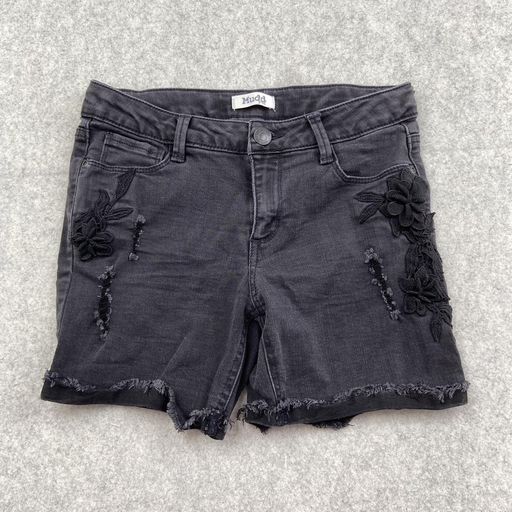 Mudd Denim Shorts Girls 14 (26x4) Gray Distressed Cutoff Floral Applique